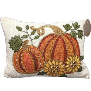 Autumn Hill Beaded Orange Pumpkin Sunflower Pillow Fall Thanksgiving Decor NEW